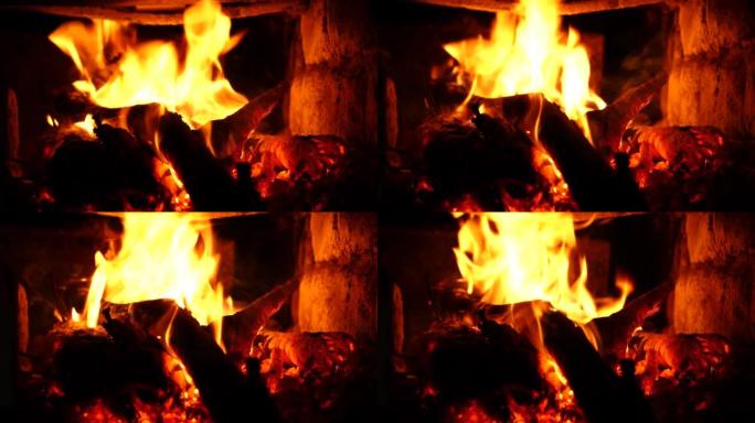 在房子里的石头烤箱里燃烧木头，冬天的家庭取暖