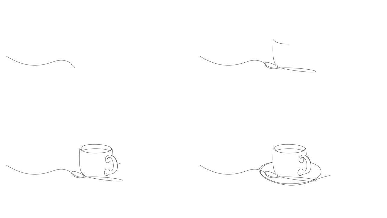连续一张带盘子和勺子的咖啡杯的画图动画。自画动画视频。