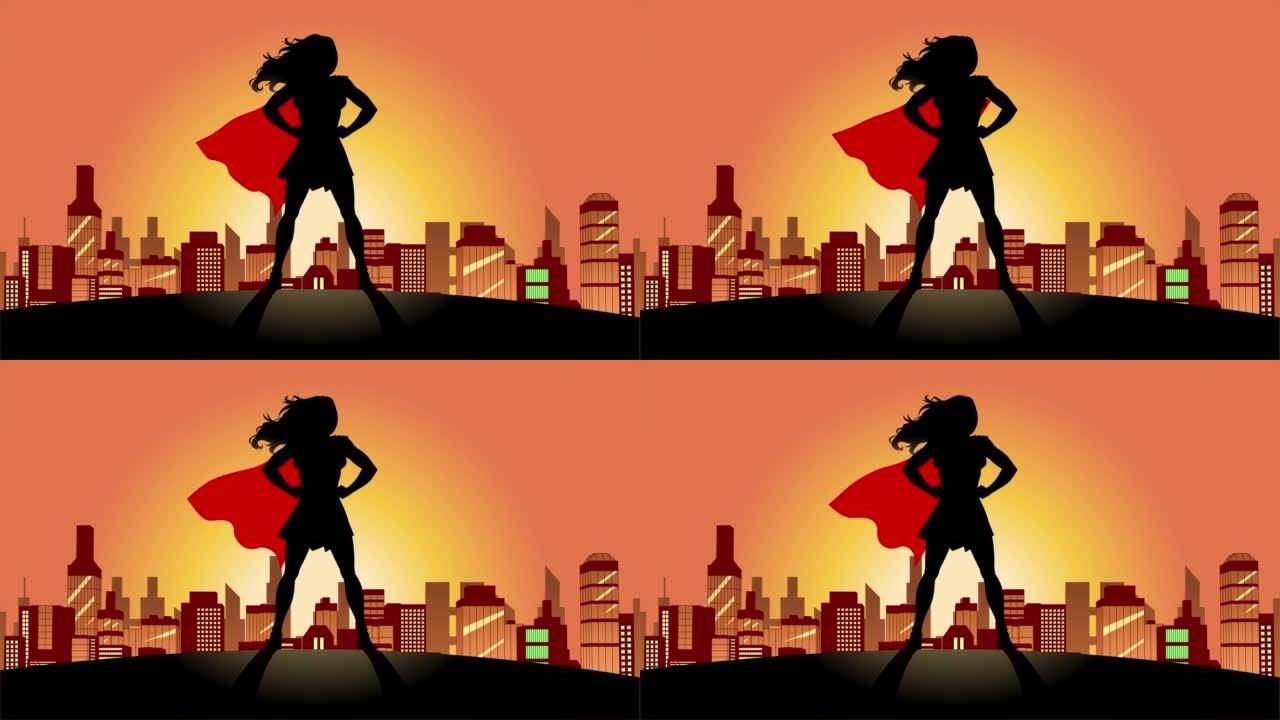循环女性超级英雄剪影流动斗篷和头发2D动画股票视频