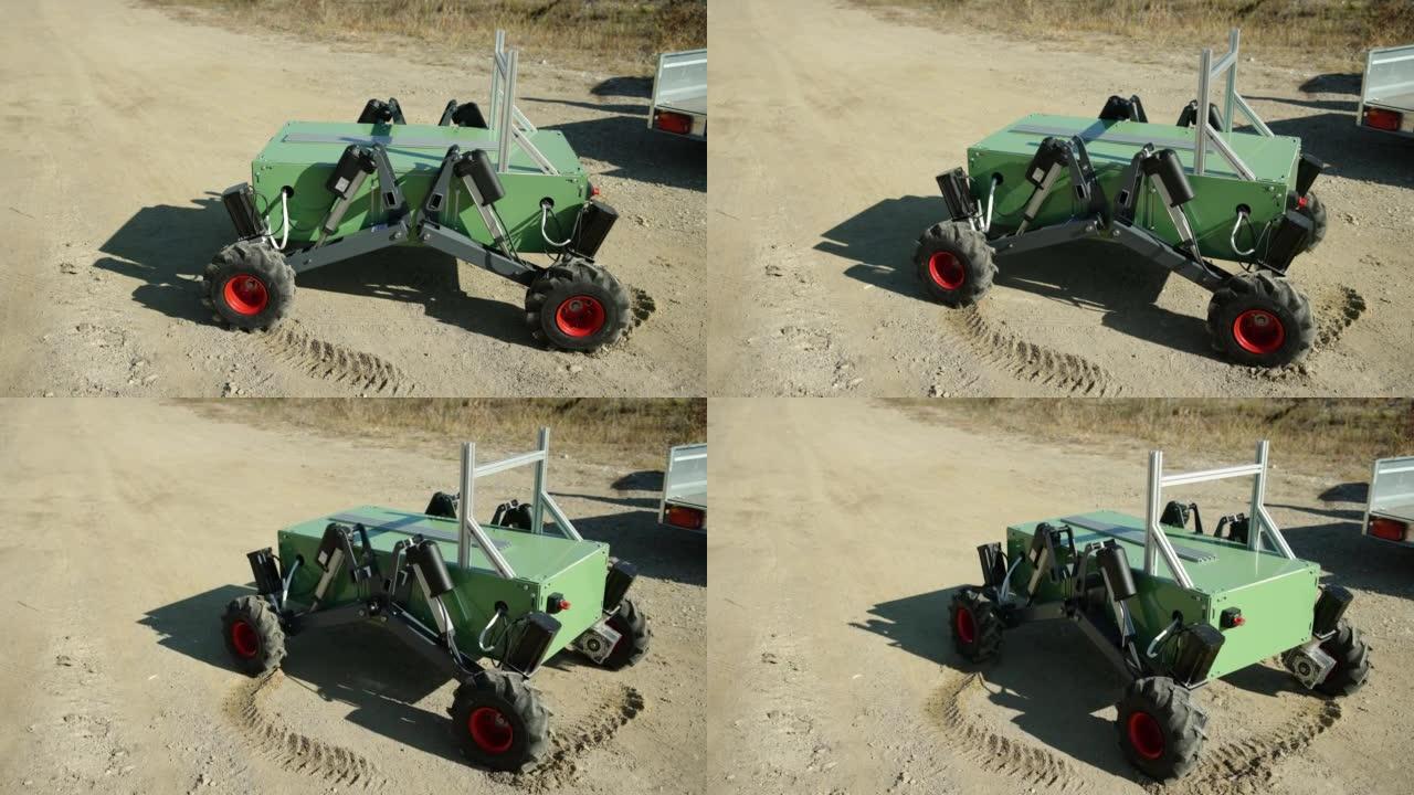 军用拆弹机器人的自动驾驶原型在沙滩上的测试