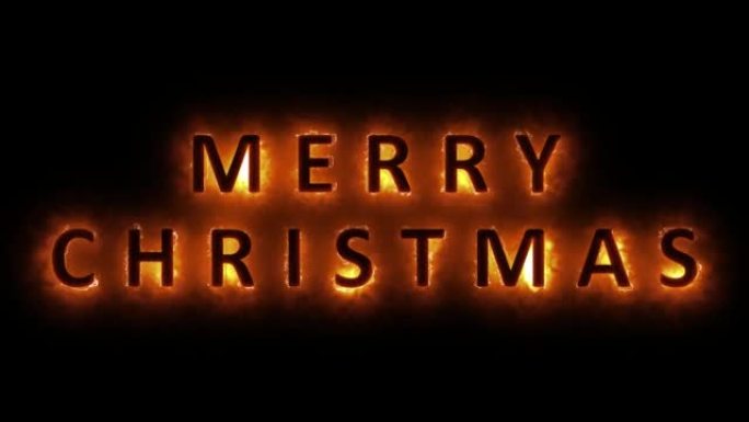 4k圣诞快乐标题燃烧文字概念。阿尔法频道燃烧的圣诞快乐标题。着火了。黑色背景上的炽热内容。