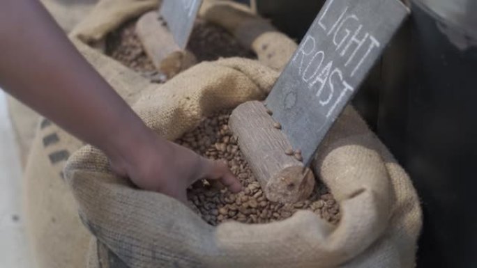 咖啡师用手手动检查烘焙咖啡豆的质量