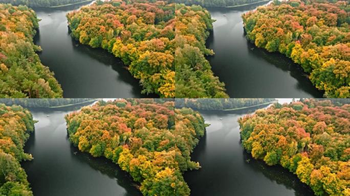 Forest and big lake in autumn, Poland.