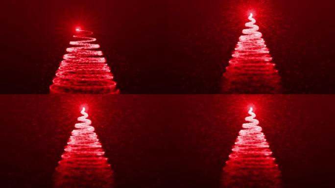 4k圣诞快乐圣诞树动画，带有灯光粒子和星星形状，抽象的新年快乐背景，圣诞礼物和节日装饰