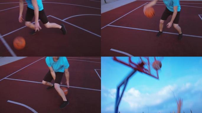 年轻人打篮球特写，将球扔进环，篮球技巧，动态射门
