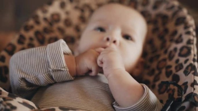婴儿吮吸手指的肖像。