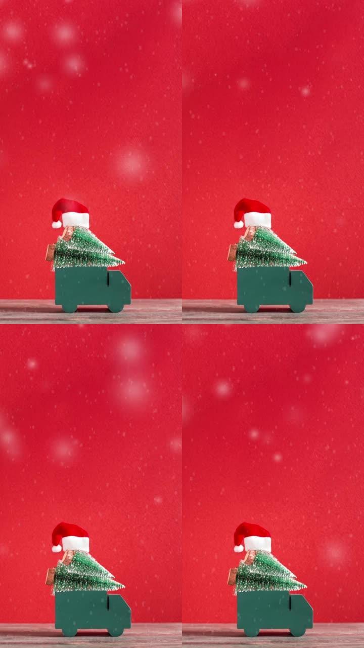 圣诞快乐，新年快乐，红色背景上有卡车送货松树和圣诞老人帽子