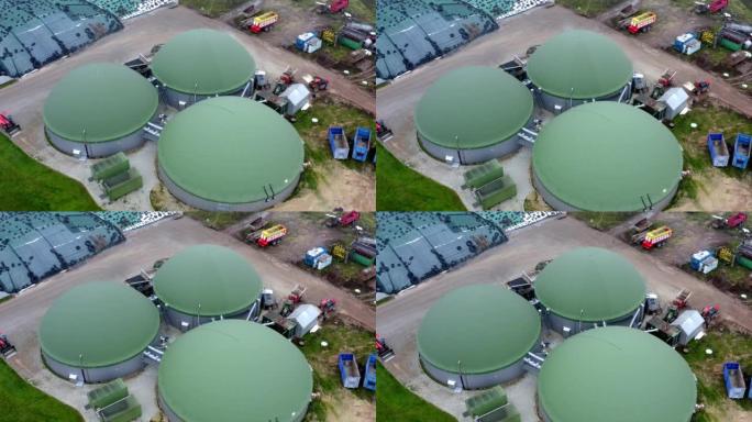 沼气生产厂的空中俯视图。获取沼气、生物甲烷。