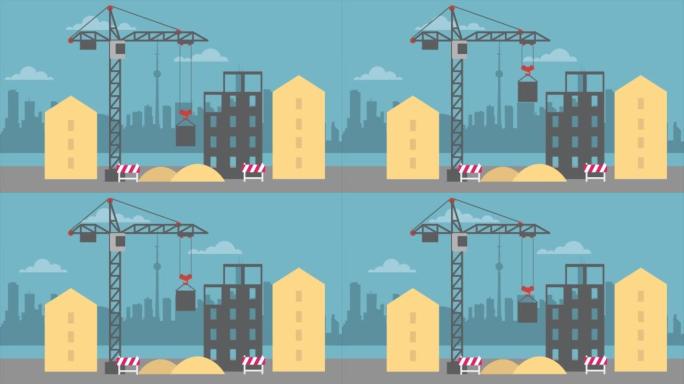 建筑区域的2D动画，背景为起重起重机和城市景观