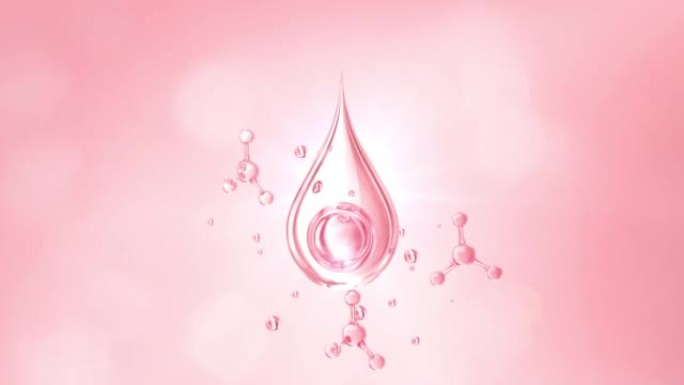 粉色胶原蛋白精华液或精华液滴，化妆品广告背景，3d动画