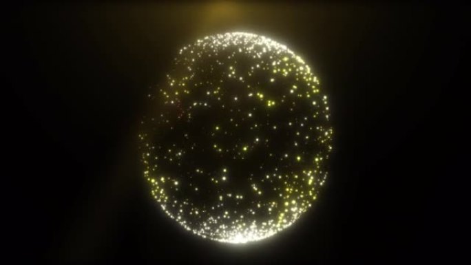 球形圆球由小发光的飞行颗粒制成，点状沙金闪闪发光，喜庆。摘要背景。屏幕保护程序，高质量4k视频