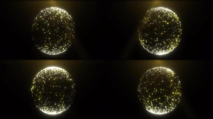 球形圆球由小发光的飞行颗粒制成，点状沙金闪闪发光，喜庆。摘要背景。屏幕保护程序，高质量4k视频