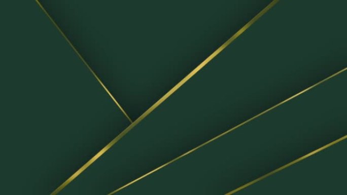 4k抽象奢华深绿色光泽条纹和金色线条几何运动背景，金色金属条纹形状多层