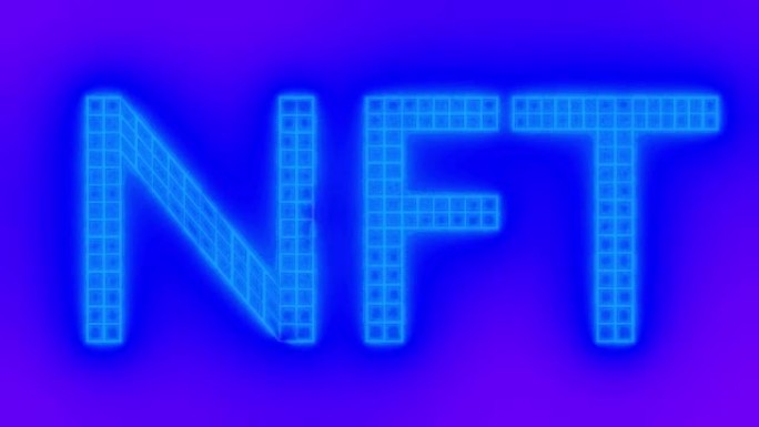 全息霓虹蓝NFT铭文动画。NFT密码标志。NFT元宇宙概念。4K