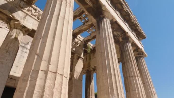 赫菲斯托斯神庙的近景柱，古希腊建筑Theseion，大理石柱子