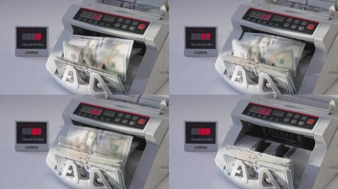 马累把一瓦美元投入货币机器。用于财务运作的设备。高角度视图。特写。