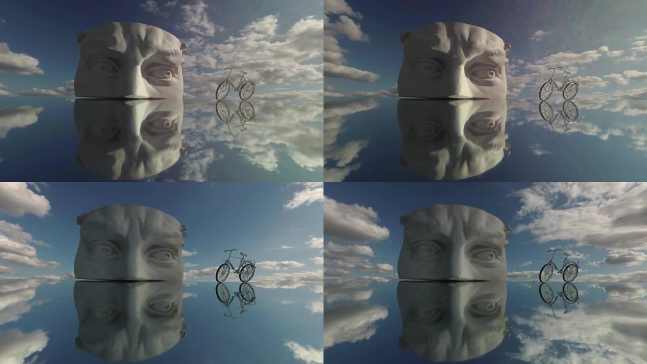 镜子和云运动上的石膏石膏头和自行车符号