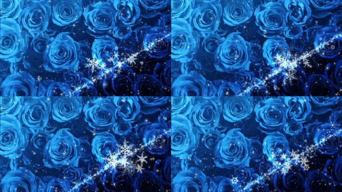 玫瑰背景上的雪和闪光的水晶