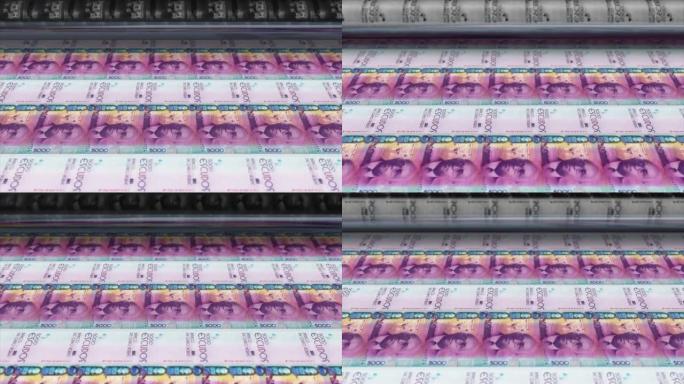 佛得角，佛得角埃斯库多印刷机打印出当前5000埃斯库多钞票，无缝循环，佛得角货币背景，4K，聚焦深度