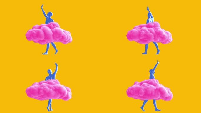 男人蓝色的身体在黄色背景上的粉红色云层中旋转。创意现代定格风格的现实3d艺术构图。最小抽象图形概念设