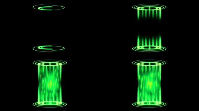黑色背景上传送传送器的动画绿光效果。