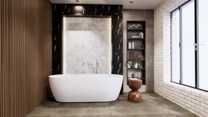 瓷砖白色和黑色墙壁设计卫生间，房间现代风格。3D插图渲染