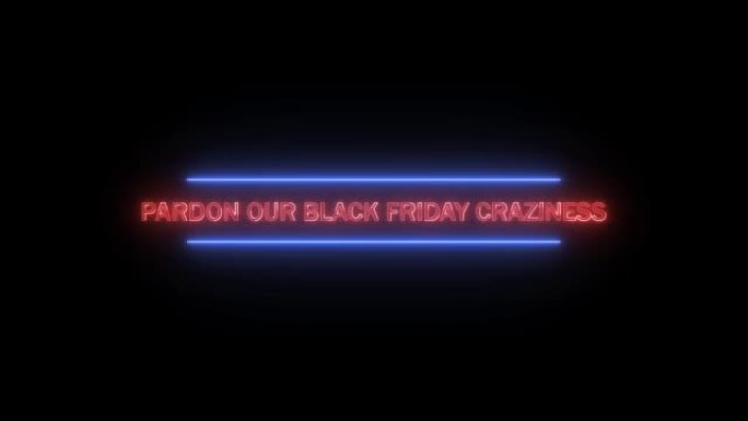 请原谅我们的黑色星期五疯狂，有趣的题词，闪烁的霓虹灯标志零售广告动画，黑色背景的在线购物标志。带阿尔