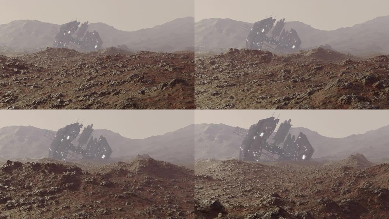 火星表面一艘坠毁的外星太空船的动画