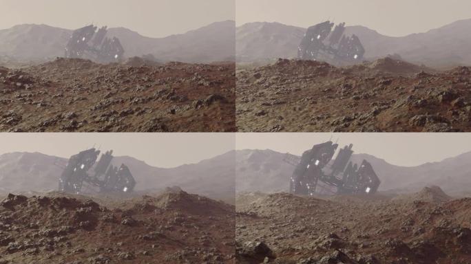 火星表面一艘坠毁的外星太空船的动画