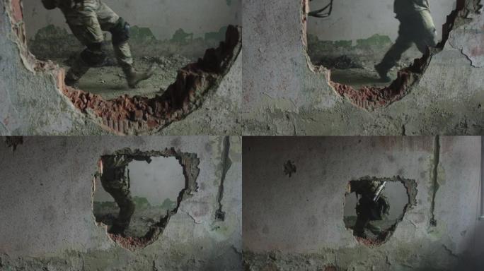 一幢居民楼被炸毁的墙。墙上有个爆炸洞