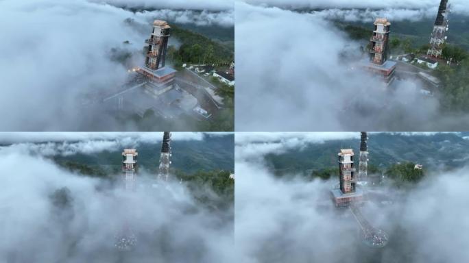 空中无人机可以看到早晨的雾海，亚洲最长的空中步道，泰国Yala省Betong Aiyerweng