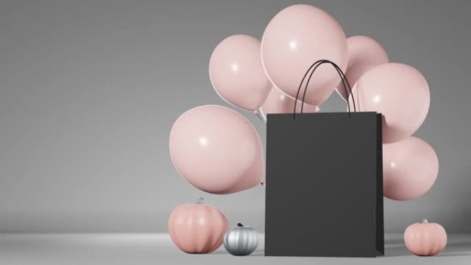 万圣节促销横幅。南瓜黑色购物袋品牌模型粉色气球3d动画。感恩节秋季节日购物模板。商店折扣价格优惠设计