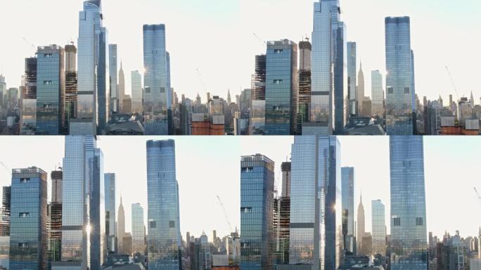 在纽约市的摩天大楼上推入的航拍镜头