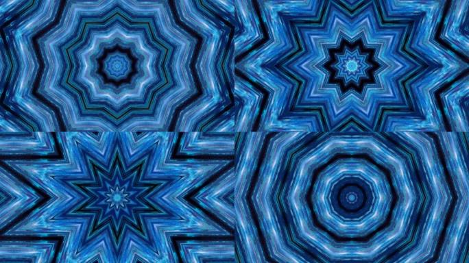 可循环抽象彩色蓝色万花筒纹理背景。催眠动画