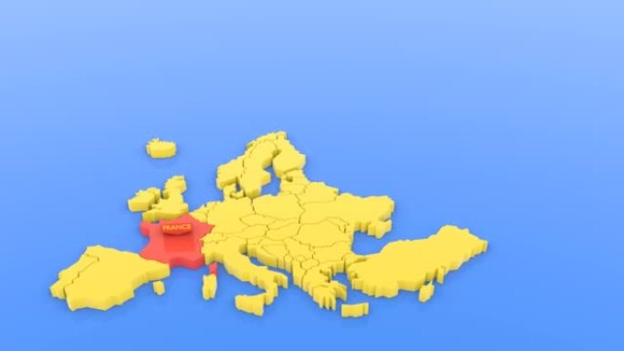 欧洲的黄色地图的3D渲染和法国的红色