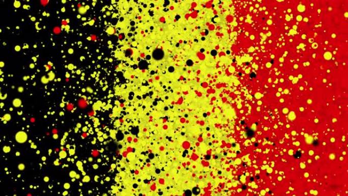 比利时国旗的彩色动画，逐渐从由许多彩色小颗粒组成的移动漩涡云中出现。这些颗粒旋转形成比利时国旗。