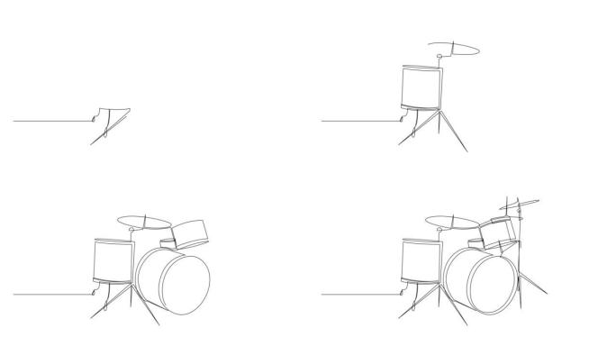 鼓乐器连续线描的自画动画。鼓集简约线条设计。全长一行动画插图。