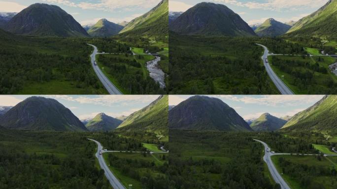 挪威公路上露营车的鸟瞰图