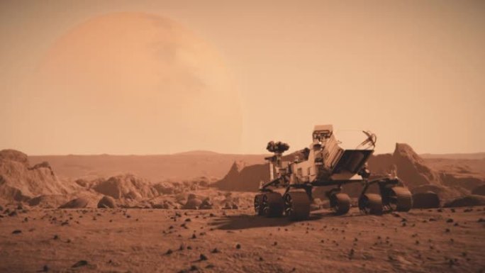 美国国家航空航天局的火星探测车穿越火星表面向土星行驶的镜头