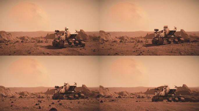 美国国家航空航天局的火星探测车穿越火星表面向土星行驶的镜头