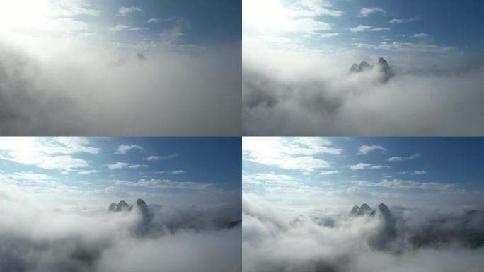 桂林阳朔大雾日大雾景观的空中倾斜