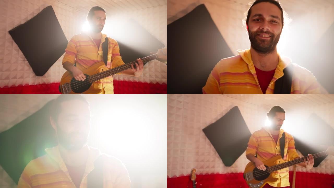 男性高加索音乐家玩电吉他的肖像