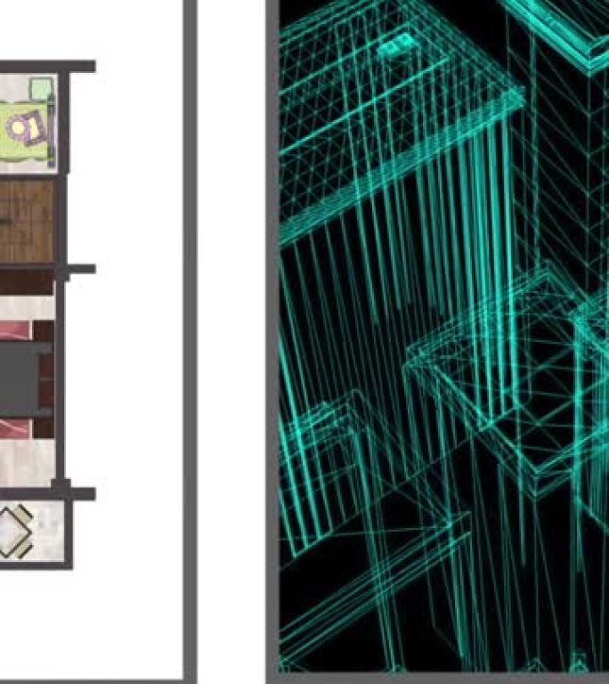 垂直视频动画显示了地板设计的技术图，并绘制了精美的细节和房屋的3d模型