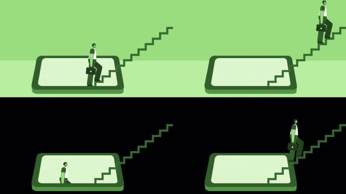 绿色风格的男人，公文包平字符从智能手机上爬楼梯。带有Alpha通道的孤立循环动画