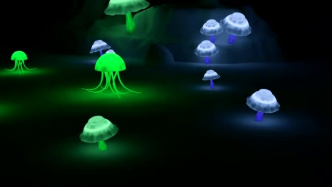霓虹蘑菇迷幻动画。设计。黑色背景上有移动水母和霓虹蘑菇的动画。移动霓虹灯蘑菇。迷幻药物