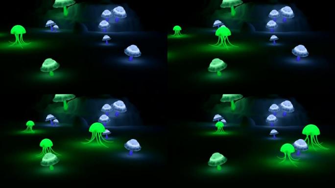 霓虹蘑菇迷幻动画。设计。黑色背景上有移动水母和霓虹蘑菇的动画。移动霓虹灯蘑菇。迷幻药物