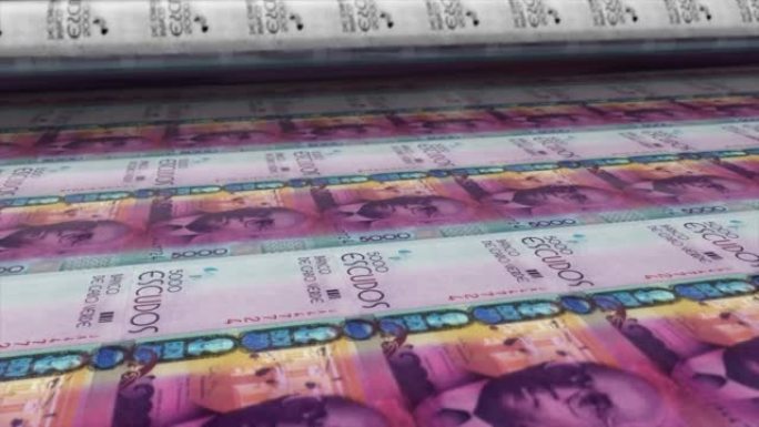 佛得角，佛得角埃斯库多印刷机打印出当前5000埃斯库多钞票，无缝循环，佛得角货币背景，4K，聚焦深度