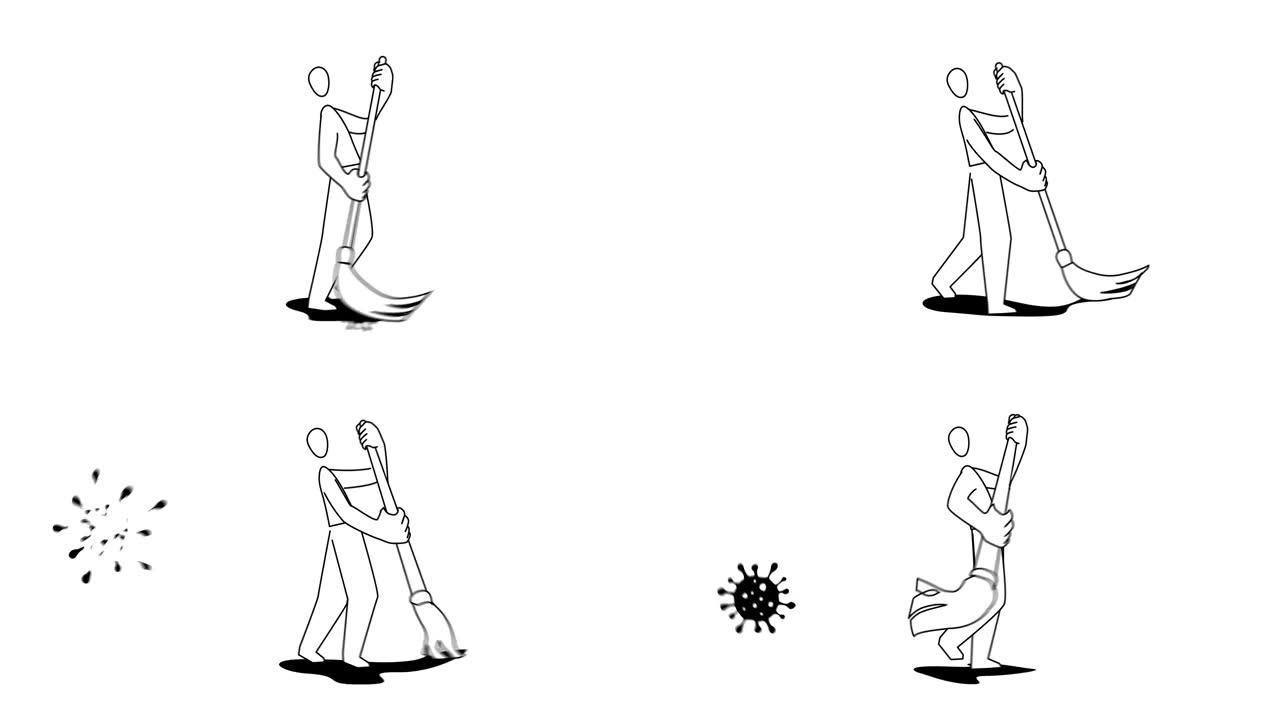 火柴人拖把新型冠状病毒肺炎细菌的极简动画，冠状病毒