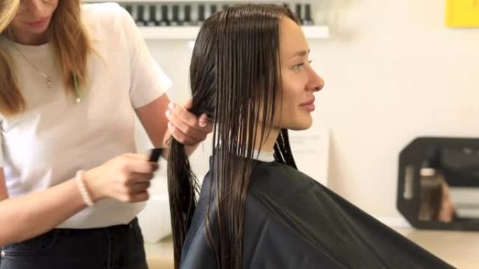 专业美发师在剪头发前用梳子梳理客户的黑色湿长发。