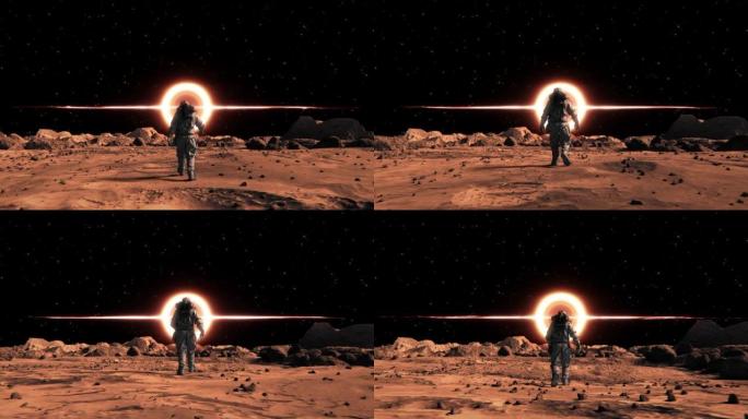 宇航员在火星表面行走的3D渲染，前面有一个超大质量黑洞